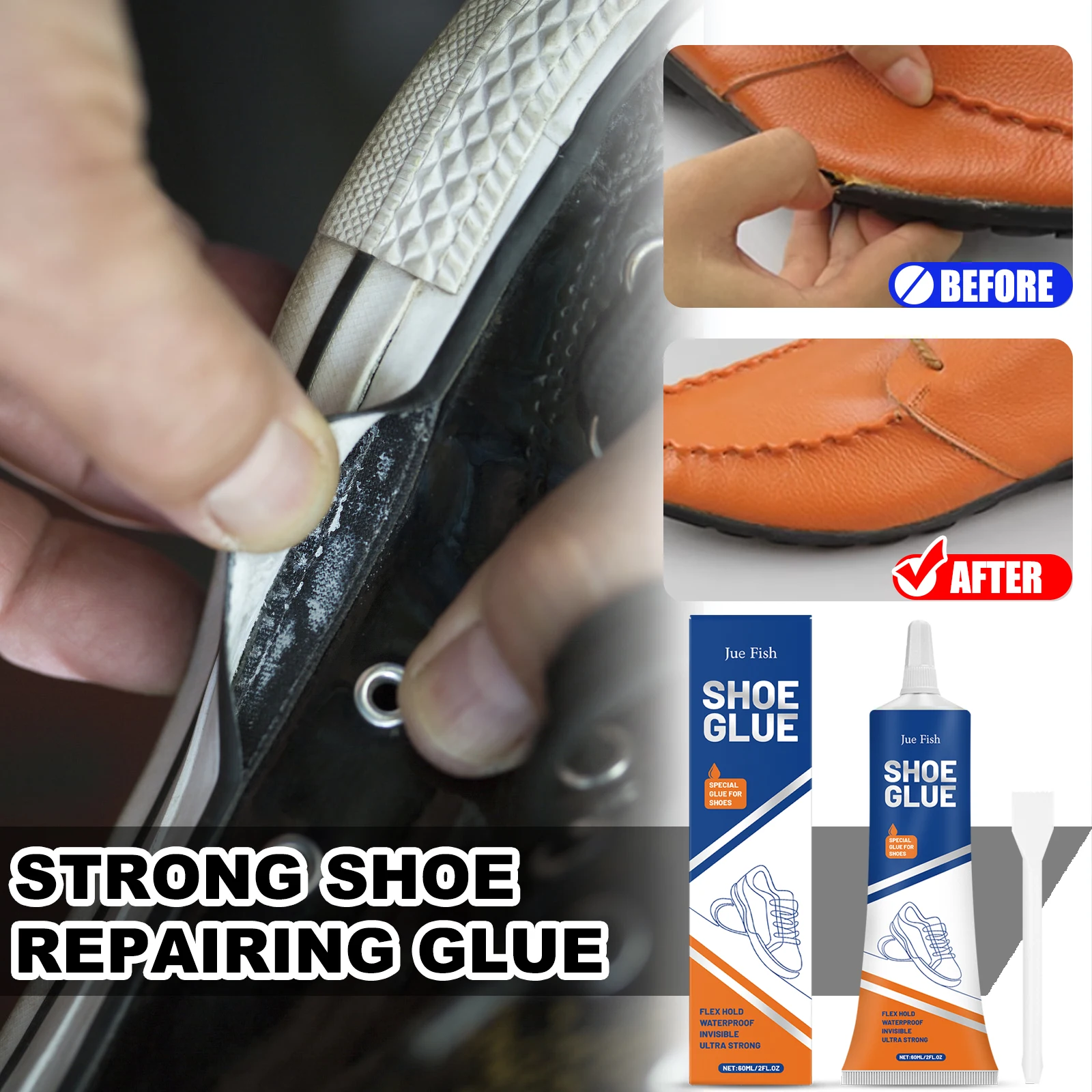 JUE FISH Schuhkleber, 60 ml, starker Schuhreparaturkleber, wasserdichter Schutz, starke Haftung, unsichtbare Reparatur, schnell trocknender Kleber Image