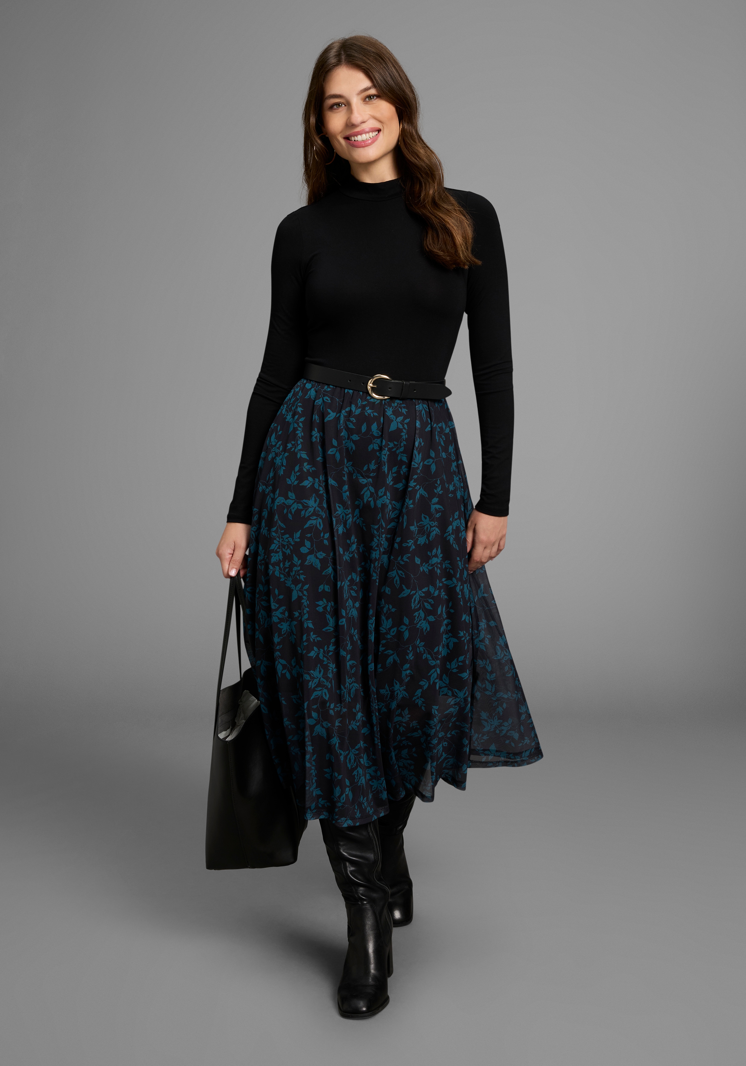 Meshkleid LAURA SCOTT, Damen, Gr. 34, N-Gr, schwarz (schwarz, gemustert), Obermaterial: 95% Viskose, 5% Elasthan. Futter: 100% Polyester. Rock: 95% Polyester, 5% Elasthan, bedruckt, gemustert, figurbetont wadenlang, Kleider, mit fließendem Meshrock...