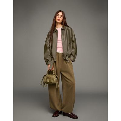 Bershka Faux Leather Bomber Jacket With Belt Women Xxs Khaki