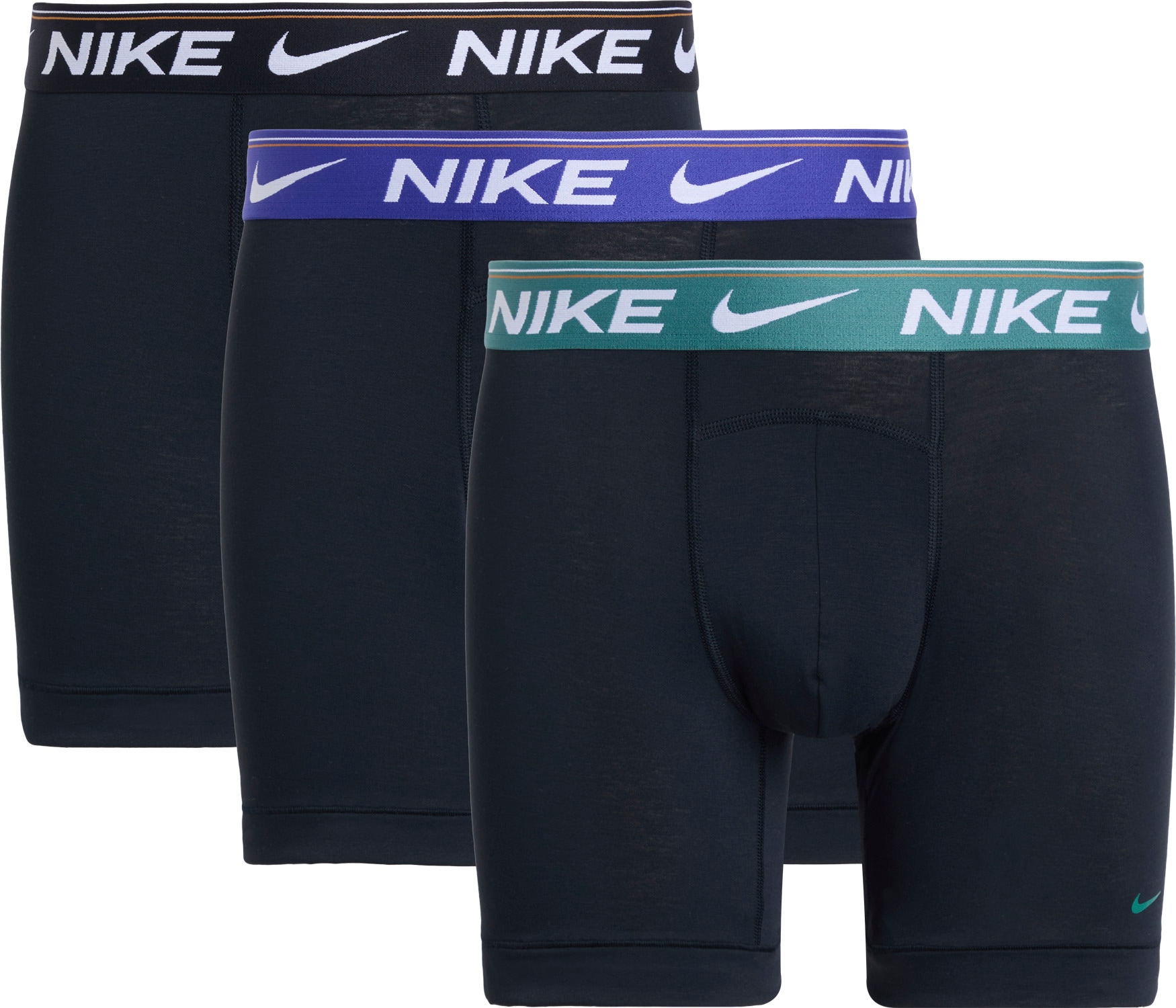 Boxer NIKE UNDERWEAR "BOXER BRIEF 3PK", Herren, Gr. M, blk evrgrün aura, deep night, blk wb, Jersey, Obermaterial: 92% Polyester, 8% Elasthan, kontrastfarbene Details, unifarben, körpernah, Unterhosen, mit Markenlabel Image