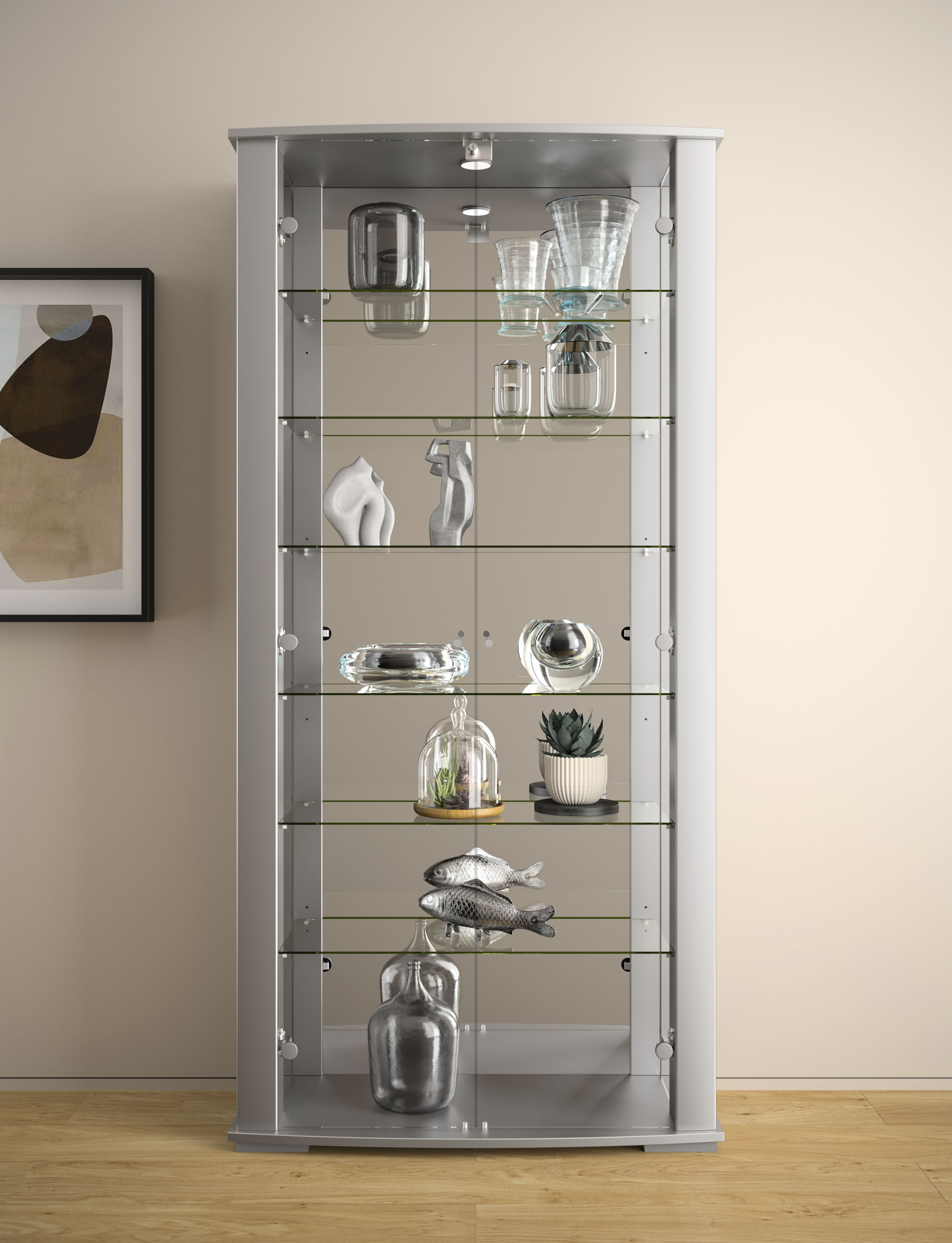 Vitrine FIF MÖBEL "STELLA", silber (silberfarben), B:86cm H:178cm T:38,2cm, Glas, Holzwerkstoff, Sicherheitsglas ESG, Schränke, Vitrine, Standvitrine/Glasvitrine 2x Glastür,perfekt für Sammler,Sammlervitrine