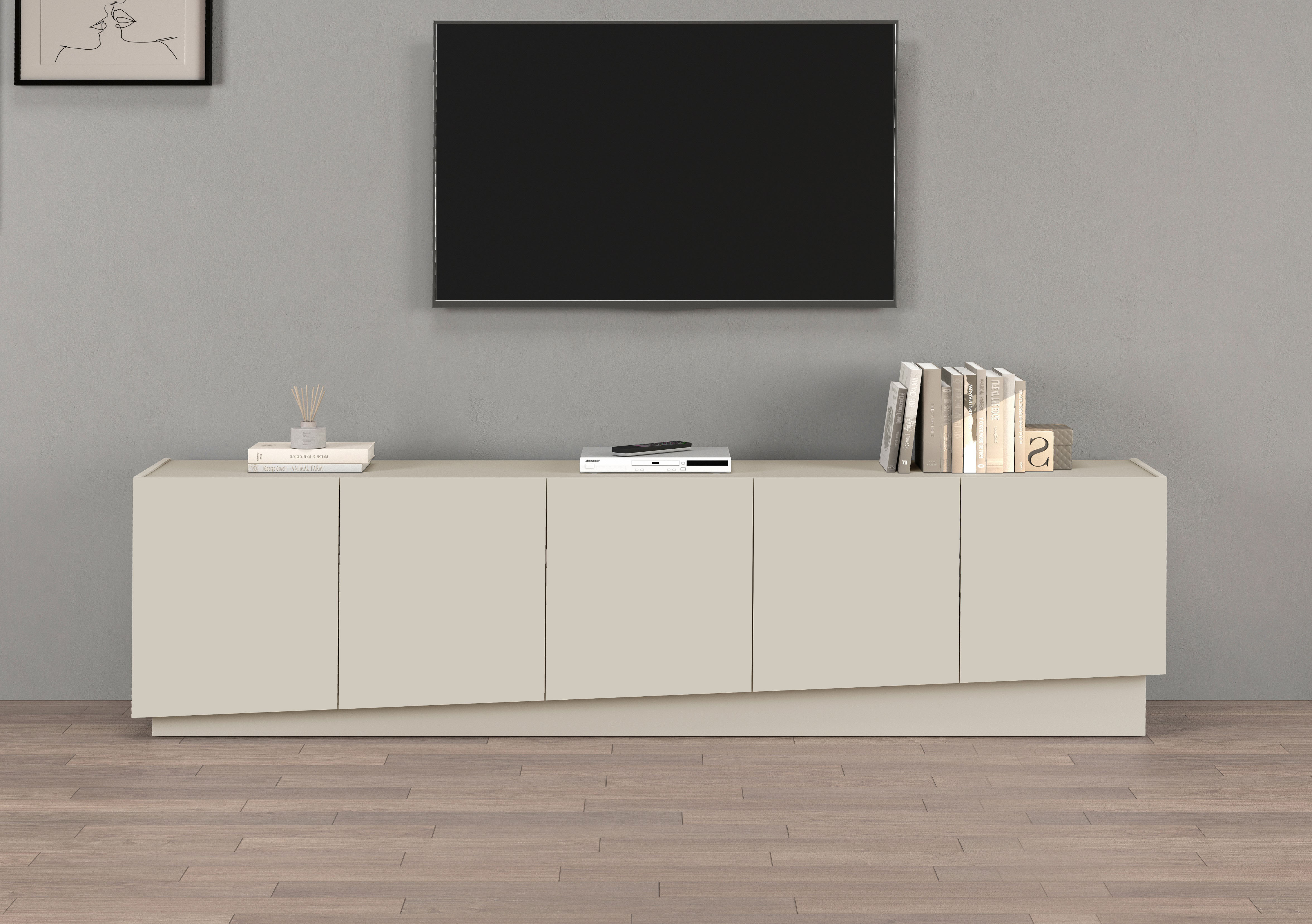 Lowboard OTTO HOME "VELA, Höhe 60 cm, Breite 225 cm,Design mit schrägen Türen", kaschmir, B:225cm H:60cm T:35cm, Sideboards, Lowboard, Made in Italy, Maße-B/T/H: 225x35x60, Lowboard, TV-Board, TV-Kommode