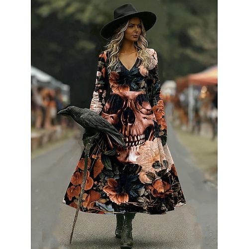 Robe midi pour femmes Imprimé sorcière Robe A-Line Vacances Casual Quotidien Ajustement régulier Graphique floral Hocus Pocus Manches longues Col en V Noir Rouge Marron Printemps Automne