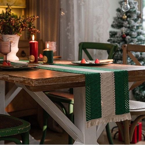 Tischläufer aus Baumwollleinen im amerikanischen Stil, gestreifter zweifarbiger Webstoff mit Quasten, Weihnachtsdekoration aus Naturmaterial Image