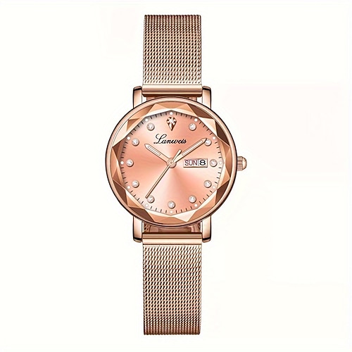 eine neue, modische und trendige Damenuhr mit rautenförmigem Mesh-Armband aus Legierung, wasserdicht nach IPX7 und leuchtender Datums- und Tagesanzeige. Es ist eine vielseitige Quarzuhr für den Alltag Image