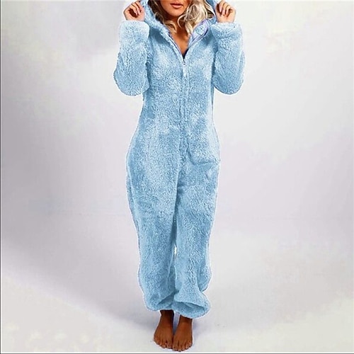 Damen Schlafanzug Onesie Flanell Mode Basic Einfarbig Reißverschluss Hose Heim Täglich Bett Langarm Kapuzenpullover Schwarz Weiß Rosa Blau Hellgrau Winter Normale Passform Image