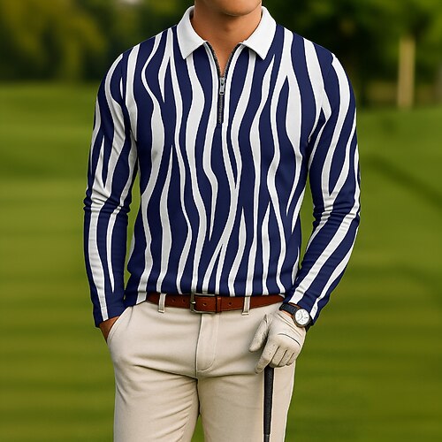 Herren Geometrisch Golf Polo Langarm Umlegekragen Modern Freizeit Sport Outdoor Athleisure Alltagstauglich Reißverschluss 3D-Druck Frühling Herbst Blau Purpur Grün Image