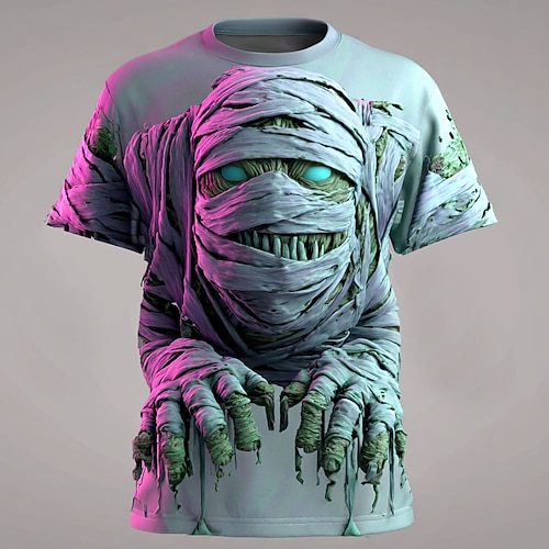 Herren Optische Täuschung Zombies Mumie T Shirt Kurzarm T-Shirt 3D-Druck Rundhalsausschnitt Hemd Übertrieben Designer Horror Party Straße Ferien Rosa Blau Grün Sommer Frühling Ganzjahres Bekleidung S Image