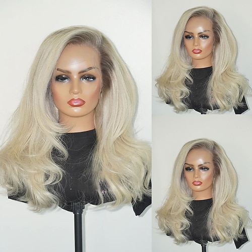 Brasilianisches Echthaar, teilfrei, klebefrei, 5 x 5 Perücken mit Spitzenverschluss, 13 x 4 Perücke mit Spitzenfront, vorgezupft für Frauen, gewellte aschblonde Perücke in Ombre-Optik mit Babyhaar Image