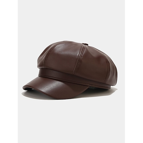Damen-Newsboy-Mütze aus Kunstleder, achteckige Baker-Boy-Mütze im Vintage-Stil, modisches Retro-Streetwear-Accessoire für Herbst und Winter Image