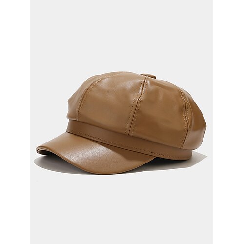 Damen-Newsboy-Mütze aus Kunstleder, achteckige Baker-Boy-Mütze im Vintage-Stil, modisches Retro-Streetwear-Accessoire für Herbst und Winter Image