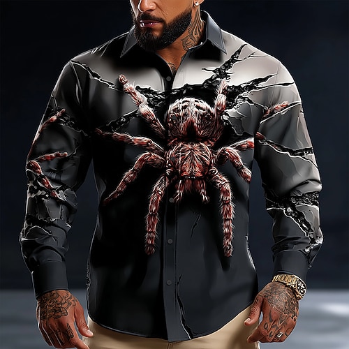 Herren Optische Täuschung Spinne Horror Hemd Knopfhemd Langarm Dunkler Gothic-Stil Outdoor Ferien Frühling Herbst Umlegekragen 3D-Druck Hemden mit Kragen Grau Image
