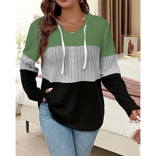 Damen Kapuzenpullover Farbblock Sportbekleidung Lässig Langarm Mit Kapuze Normale Oberteile Straße Alltagskleidung Kordelzug Weiß Grün Herbst Winter