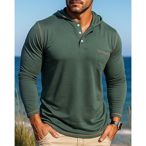 Herren Lässiges Hemd Kapuzenshirt Langarm Mit Kapuze Oberteil Außen Atmungsaktiv Frühling Herbst Baumwolle Schwarz Blau Grün Tennis Golfspiel Laufen Image