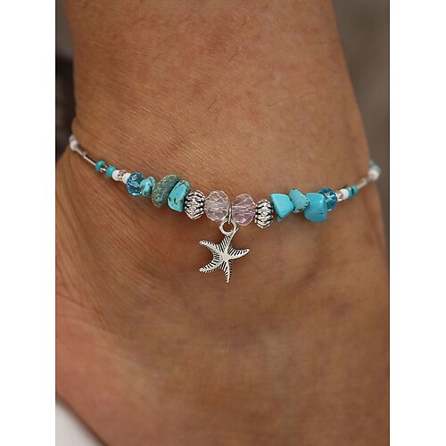 Damen-Fußkettchen im Bohemian-Stil mit Perlen und Seestern-Anhänger, verstellbarer Strand-Fußschmuck für Sommer, Urlaub und Partys