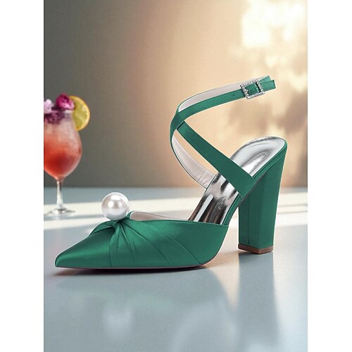Damen-Pumps mit blauem Satin-Blockabsatz, Perlendetail und Knöchelriemen – elegante spitze Schuhe für formelle Anlässe und Cocktailpartys Image