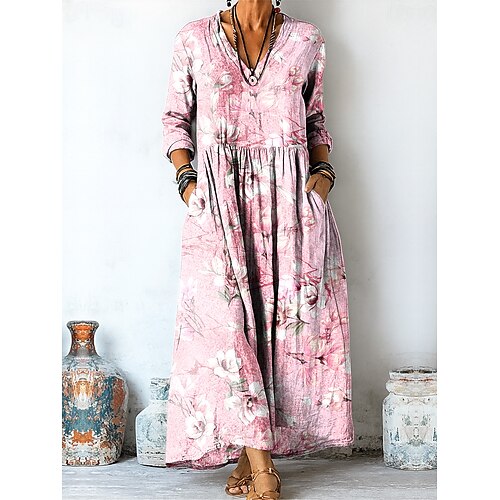 Damen Maxikleid A Linie Kleid Urlaub Lässig Boho Ausgehen Strand Lässiger Schnitt Blumen Grafik Langarm V Ausschnitt Hellgelb Hellrosa Rosa Purpur Sommer Frühling Herbst Image
