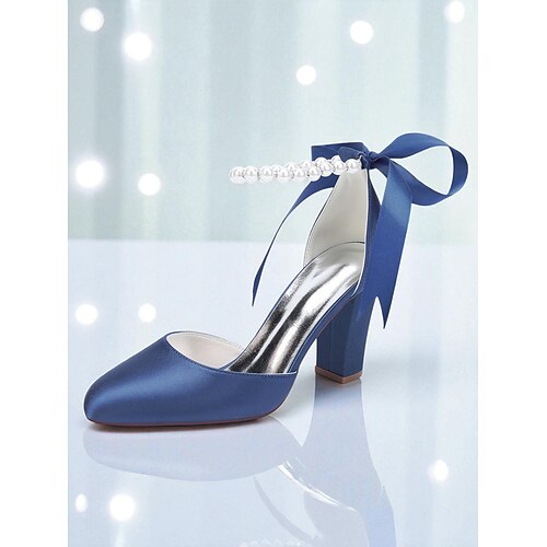 Brautjungfernschuhe für Damen – champagnerfarbene Pumps mit Perlenbesatz und Blockabsatz am Knöchel, elegante Satinpumps für Brautjungfern und festliche Anlässe Image