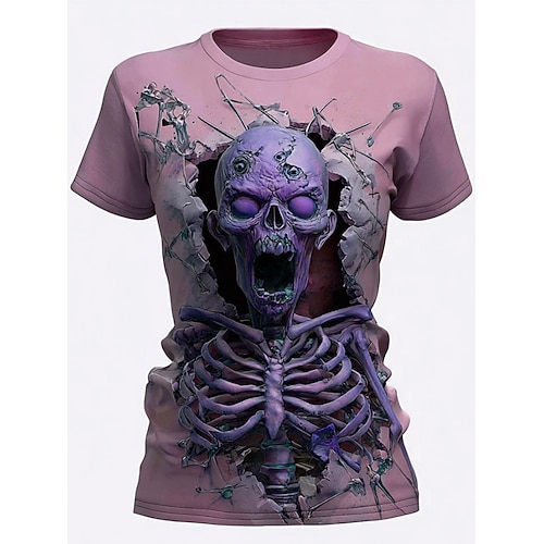 Damen T-Shirt Totenköpfe Grafik Skelett Vintage Stilvoll Lässig Kurzarm Crew Neck Reguläre Oberteile täglich Ausgehen Wochenende Druck Pink Blau Lila Grün Sommer Image