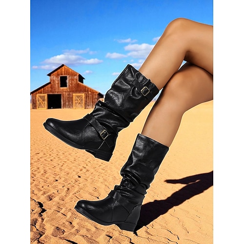 Burgunderrote Damenstiefel mit halbhoher Schnalle und Slouch-Design – lässige Winterstiefel im Retro-Reitstil für Herbstoutfits und den Alltag Image