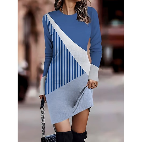 Damen Minikleid T-Shirt-Kleid Shiftkleid Sommerkleid Urlaub Lässig Party Täglich Normale Passform Grafik Geometrisch Langarm Rundhalsausschnitt Schwarz Blau Kamel Frühling Herbst Winter Image