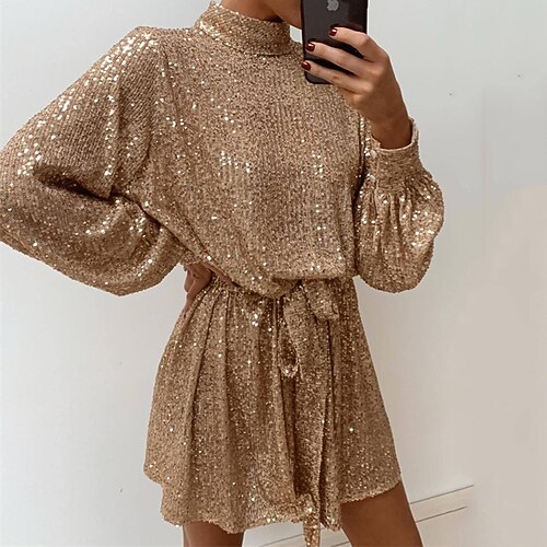 Damen Minikleid Freizeitkleid Cocktailkleid Elegant Mode Modern Täglich Abendgesellschaft Wochenende Normale Passform Einfach Langarm Stehkragen Silber Weiß Rosa Gold Frühling Herbst Image