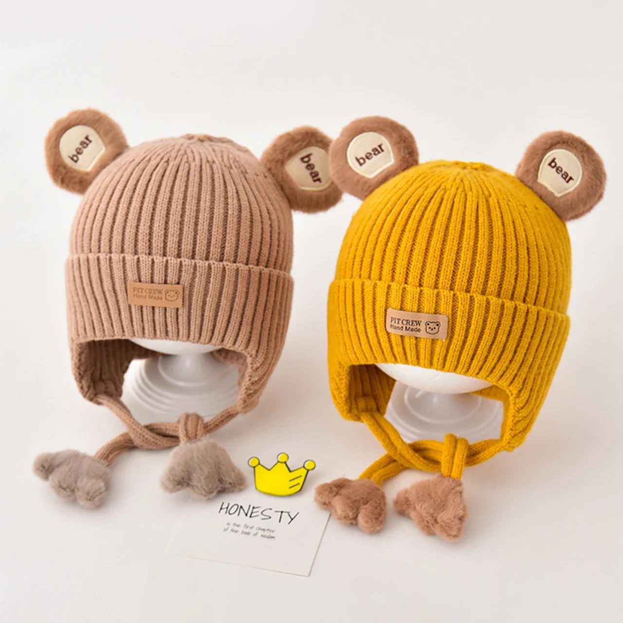 Winter Warme Baby Hut Nette Bär Baby Jungen Mädchen Ohr Schutz Kappe Mützen Weiche Kleinkind Kinder Anti-kalten Schnürung hut Image