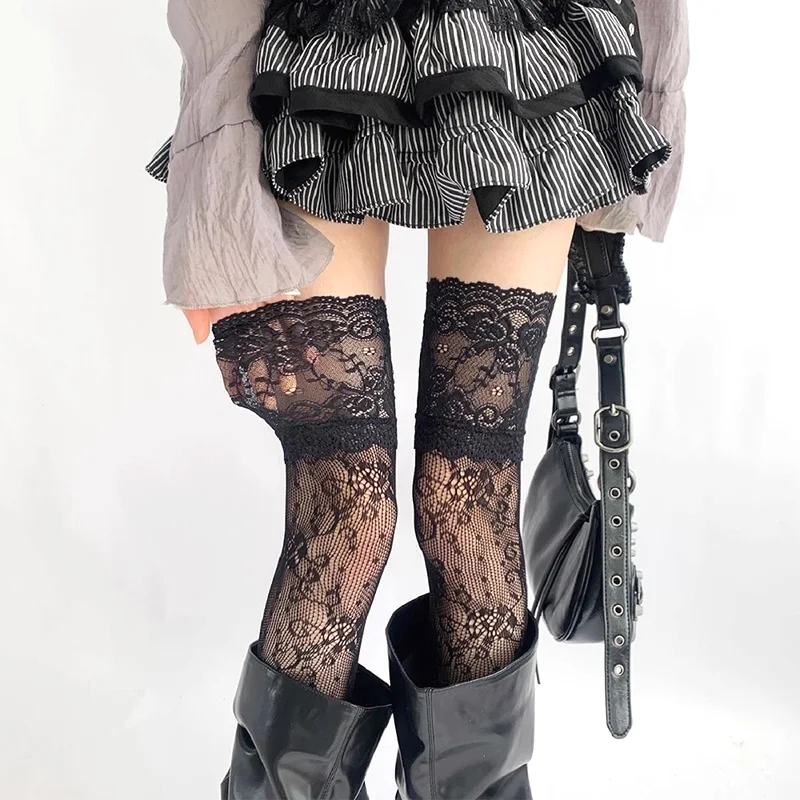 1 Paar Damen-Strümpfe mit sexy Blumen, Netzspitze, Oberschenkelhohe Strümpfe, Overknee-Strümpfe, Lolita-Stil, Mädchen-Stiefelsocken mit langem Bein Image