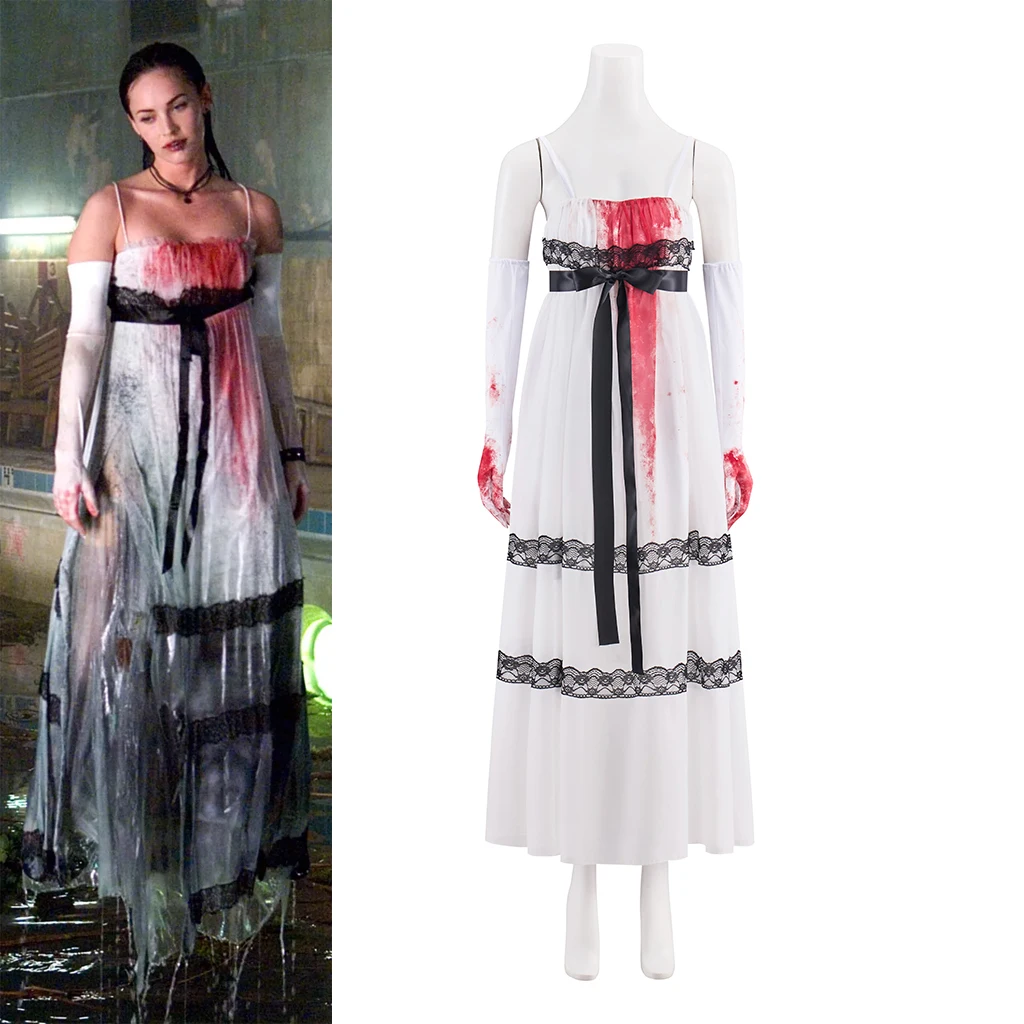 Jennifer's Body Weißes Kleid mit blutigem Cosplay-Kostüm, Halloween-Mottoparty, Cosplay-Outfits, Damen-Kostüm mit Jennifer's Check Image