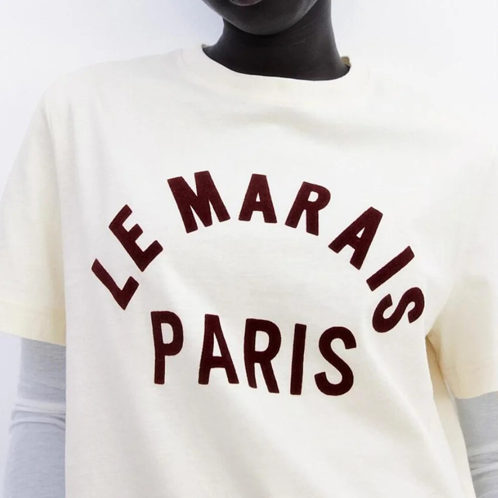 LE MARAIS PARIS Buchstaben Druck Vintage Stil Lose Baumwolle T Shirts Frauen Sommer Kurzarm Tops Tees 2025, Neue Casual Shirts