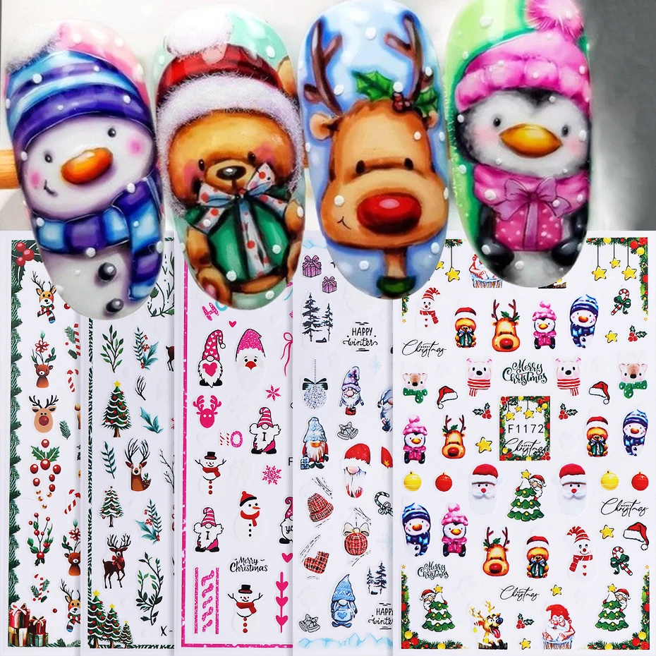 5 stücke Weihnachten Nagel Aufkleber 3D Cartoon Santa Claus Schneemann Elch Weihnachten Baum Nagel Slider Aufkleber DIY Winter Geschenk Maniküre dekoration Image