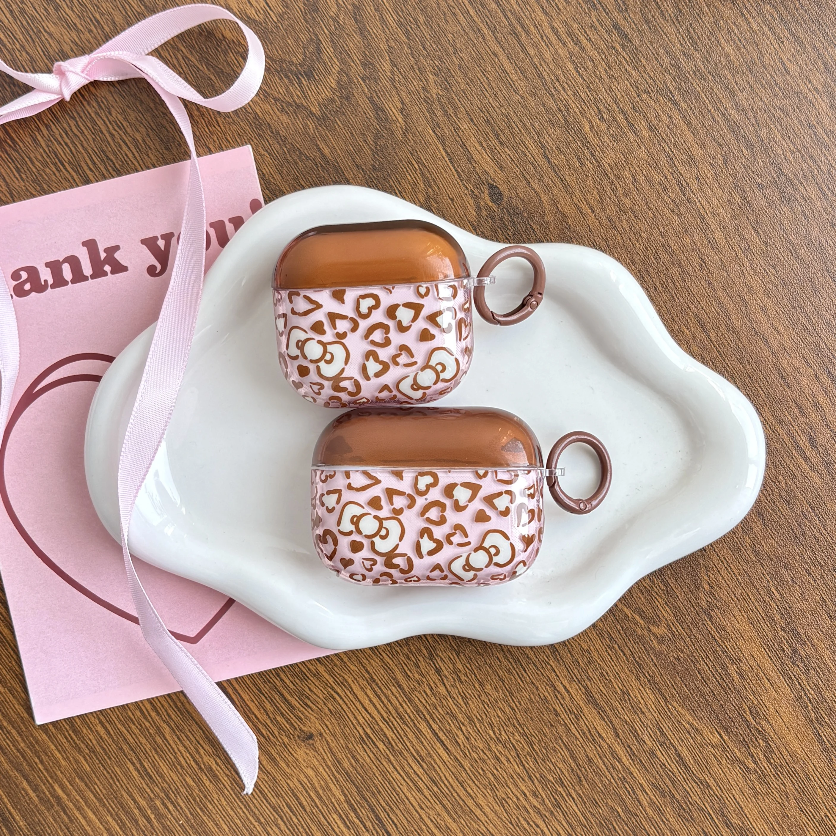 Retro süßes Herz-Leoparden-Druck-Schleifenmuster, transparent, rosa, schützende Kopfhörer-Hülle für AirPods 1, 2, 3, 4 Pro Pro 2 Image