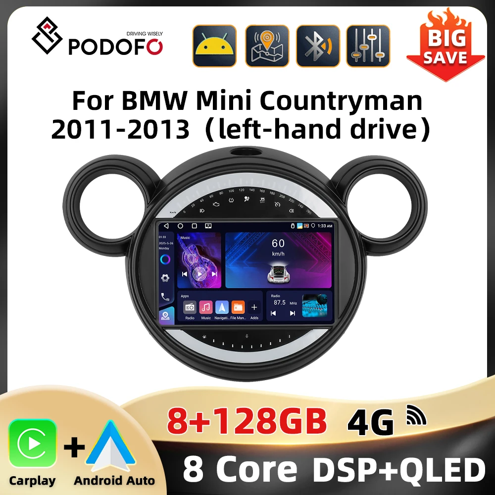 Podofo 9'' 8 + 128G Auto Stereo Für BMW Mini Countryman 2011-2013 Multimedia Player Android Auto carplay WIFI Spiegel Link Auto Audio Image