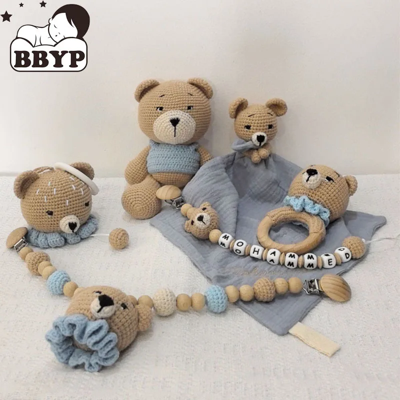 Personalisierung Häkeln Tier Baby Handtuch Spielzeug Holz Neugeborenen Spielzeug Bär Gefüllte Puppe Baumwolle Handtuch Schlafen Puppen Image