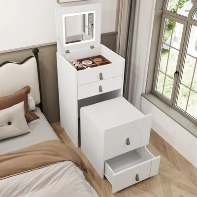 Makeup table,Multifunctional storage stool Night table with mirror and LED lighting with 3 drawers,White(Includes makeup stool)