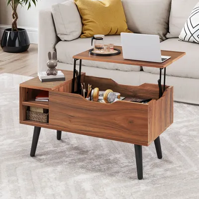 YITAHOME Rustic Oak Lift-Top Coffee Table - Adjustable Shelf & Hidden Storage, Spring Lifter, 80x40x61.5cm for Living Room