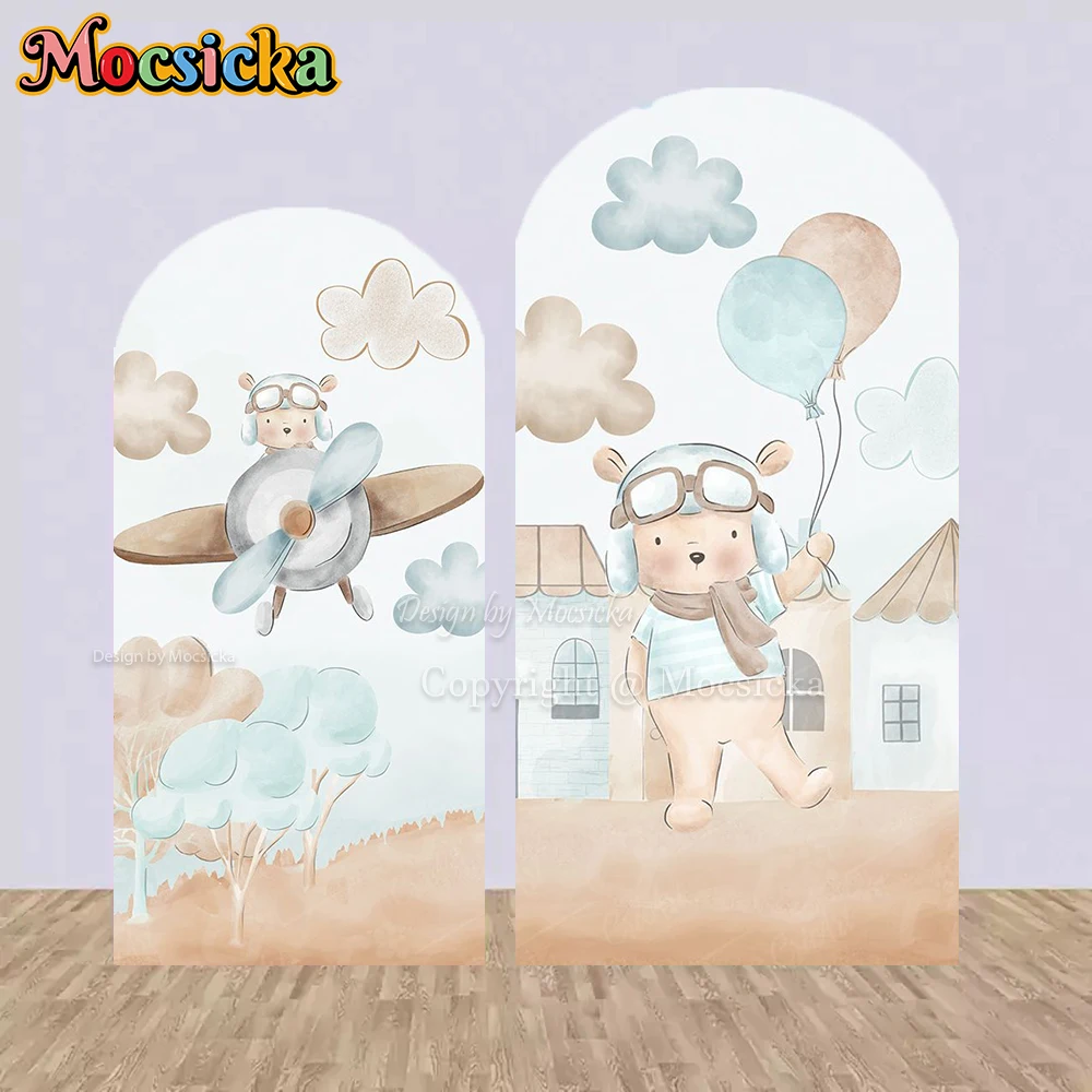 Mocsicka Bär Baby Dusche gewölbte Hintergrund Abdeckung Heißluftballon Flugzeug Reise Abenteuer Hintergrund Junge Geburtstag Party Foto Image