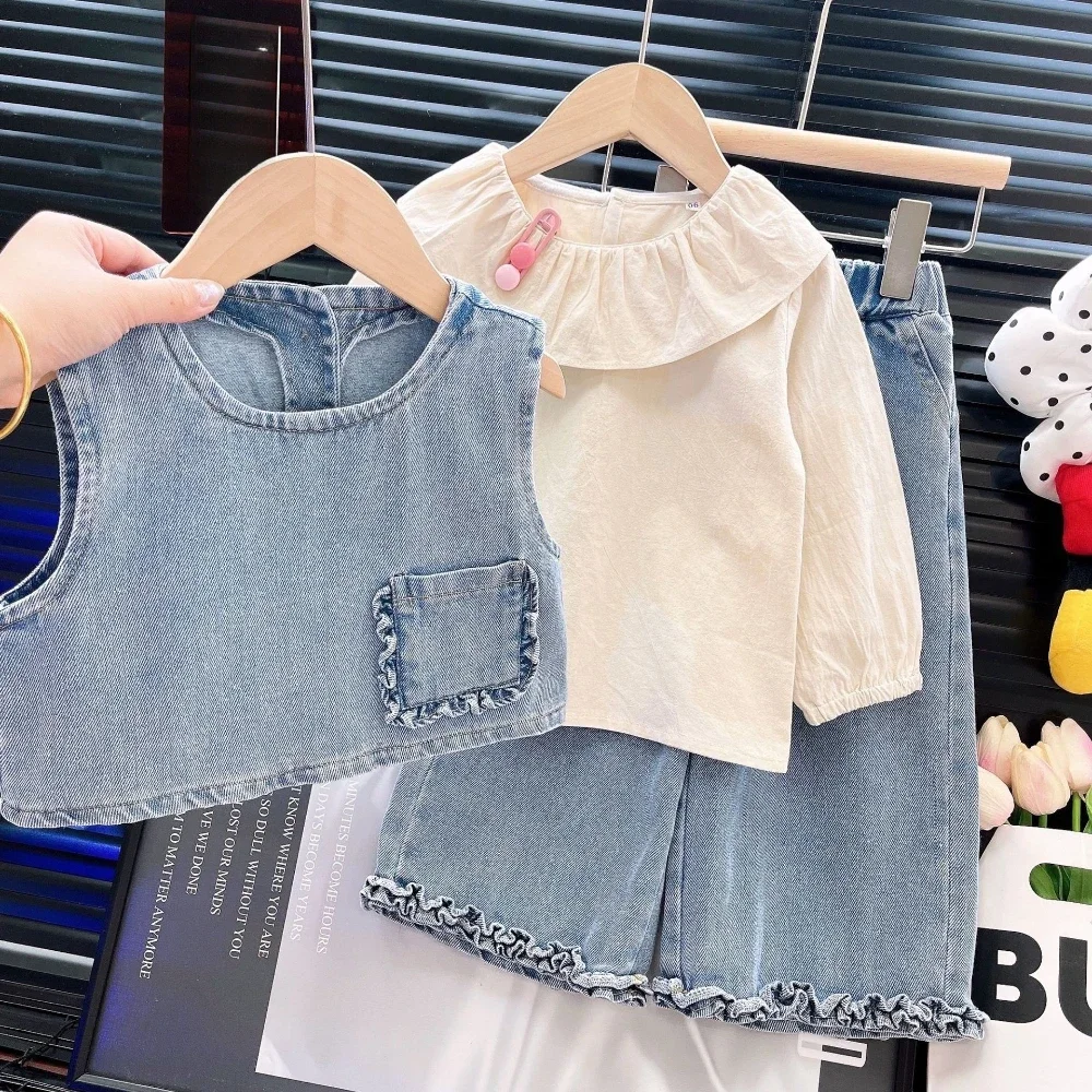 Koreanische Einfarbig kinder Kleidung Herbst Mode Denim Mädchen Drei Stück Set Lange Ärmeln Puppe Kragen Basis Shirt + weste + Hosen Image