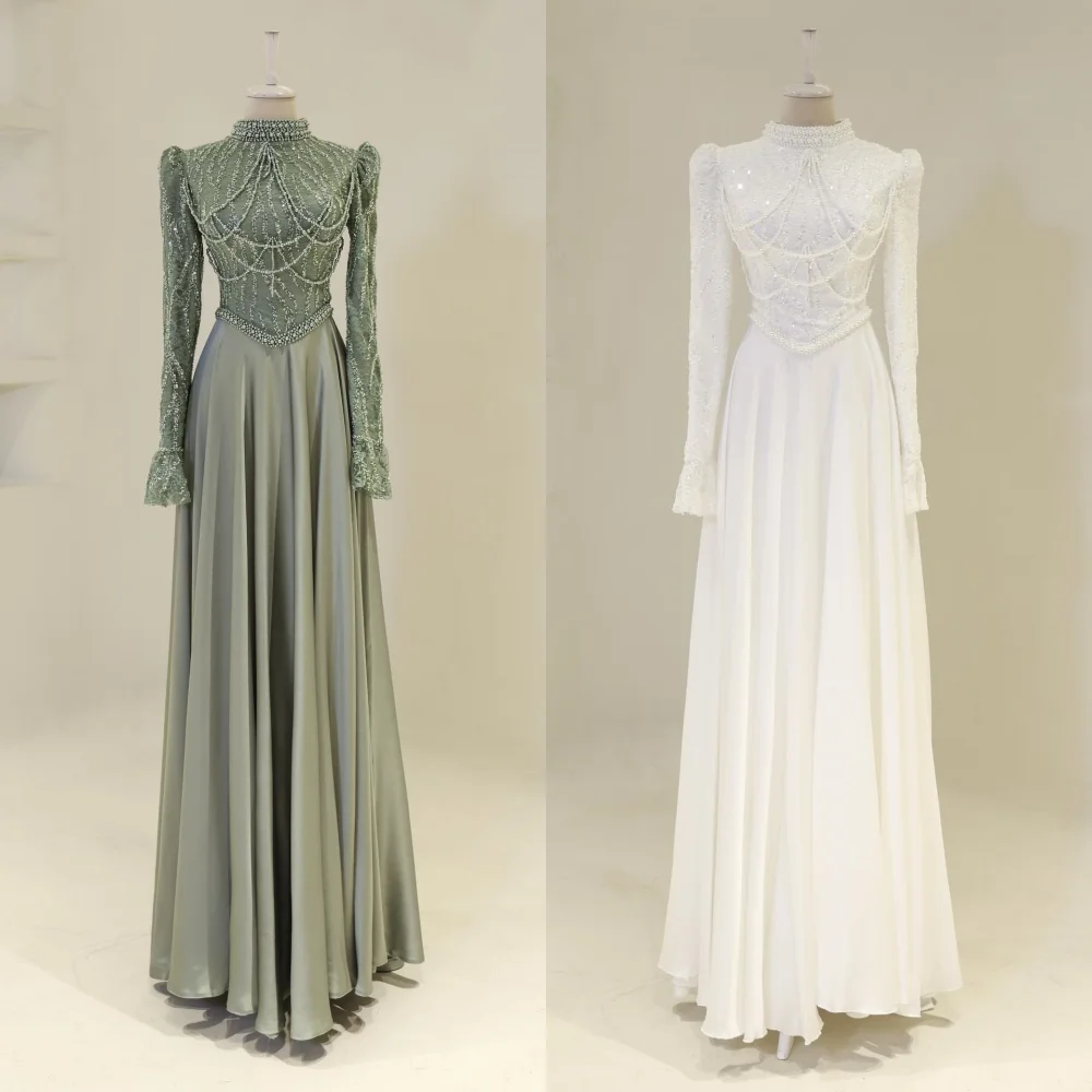 Maßgeschneiderte Charmeuse-Pailletten, Perlenstickerei, hoher Kragen, A-Linie, lange Kleider, maßgeschneiderter Anlass, luxuriöse Damen-Abendparty, glitzernd Image