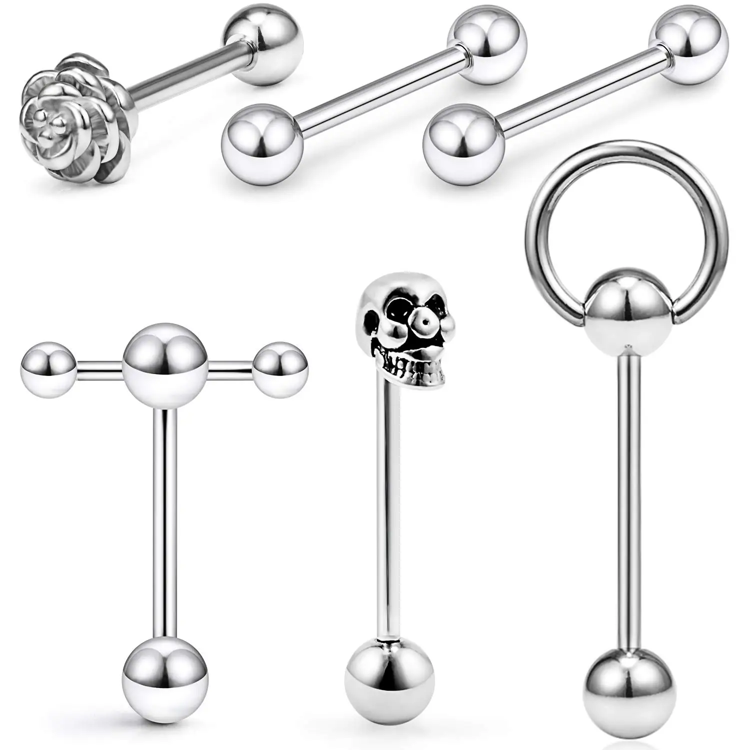 1PCS / 6PCS 14G Edelstahl Rose Blume Schädel Tür Schloss Zunge Ring Doppel Barbell mit Ring Nippleings Ring Piercing Schmuck Image