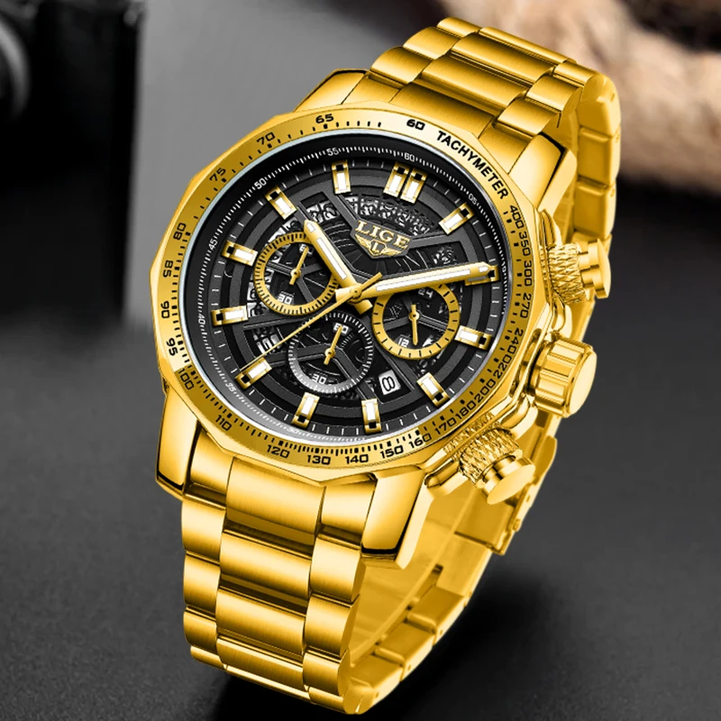 LIGE Mode Große Zifferblatt Männer Uhr Casual Sport Uhren Für Männer Gold Edelstahl Wasserdicht Leucht Chronograph Reloj Hombre