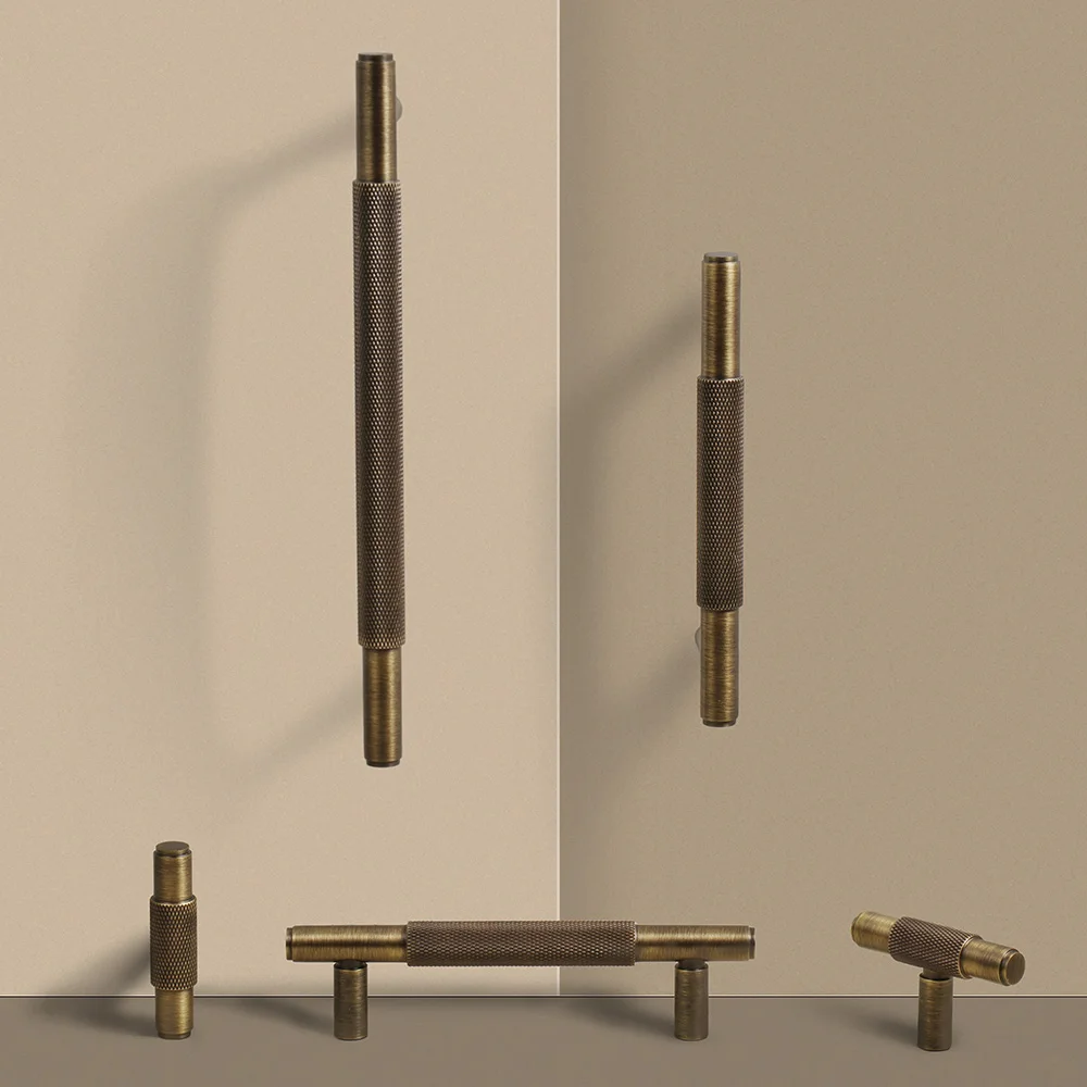 Dooroom Möbelgriffe aus massivem Messing, Kreuzrändelung, Schrank, Kleiderschrank, Kommode, Schuhschublade, Schrankknöpfe, T-Bar-Hardware-Griff Image