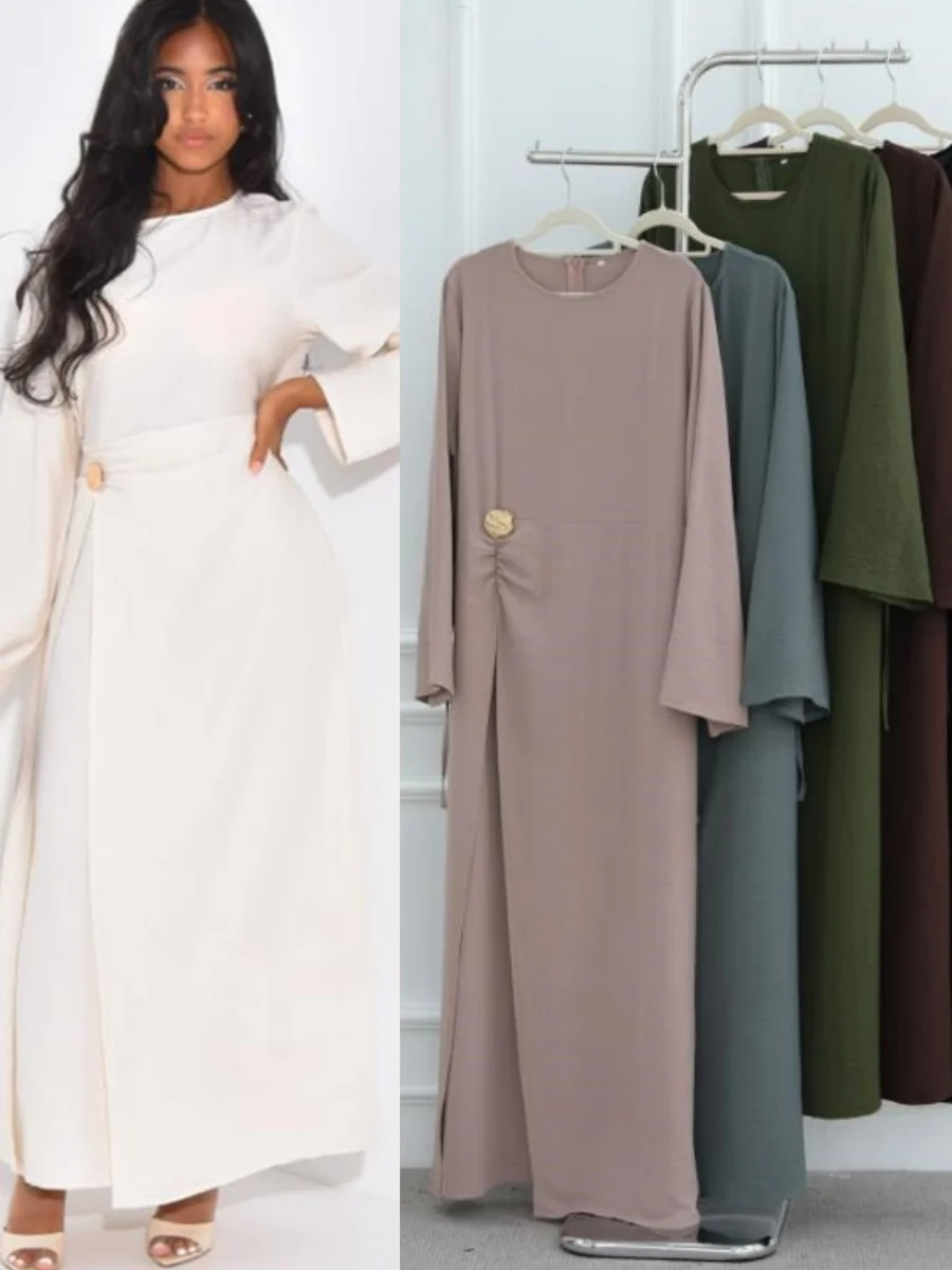 Muslimische Frauen Arabisch Dubai Abaya Solide Kordelzug Langes Kleid Modest Ramadan Kaftan Robe Femme musulmane Islam Kleidung Kebaya Image