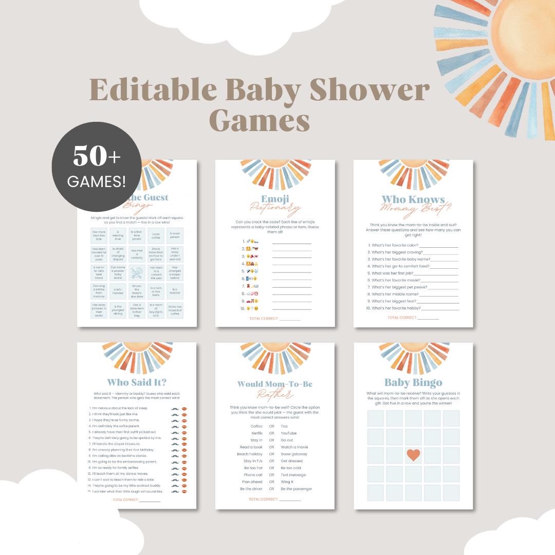 "Pacchetto di giochi per baby shower \"Sun\", Pacchetto di giochi per baby shower \"Here Comes the Son\" modificabili, Pacchetto di giochi per baby shower"