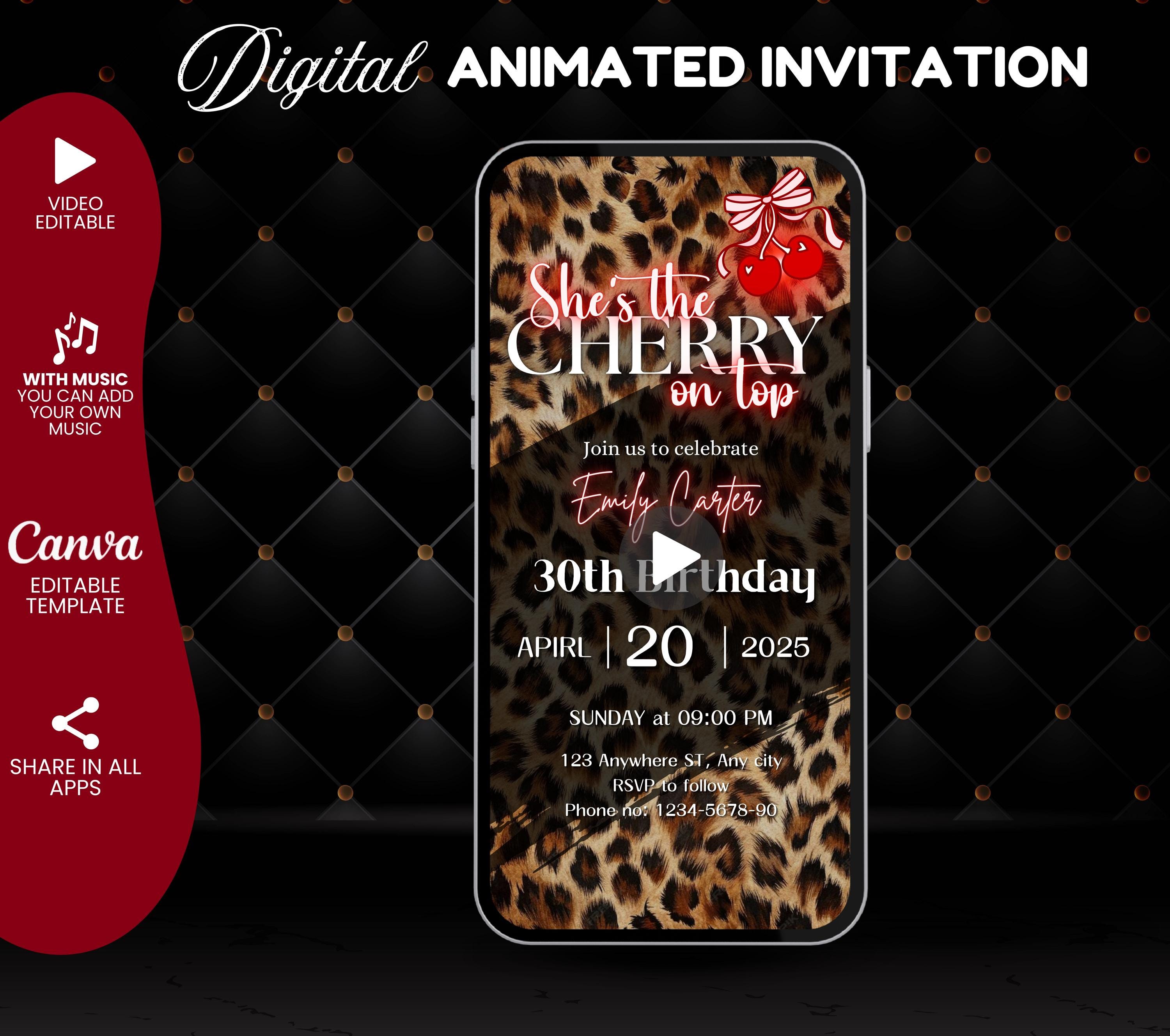"Invito digitale \"Shes the Cherry on Top\", invito per cena di compleanno con stampa leopardata rosa e ciliegia, invito con stampa ghepardo, invito ross"