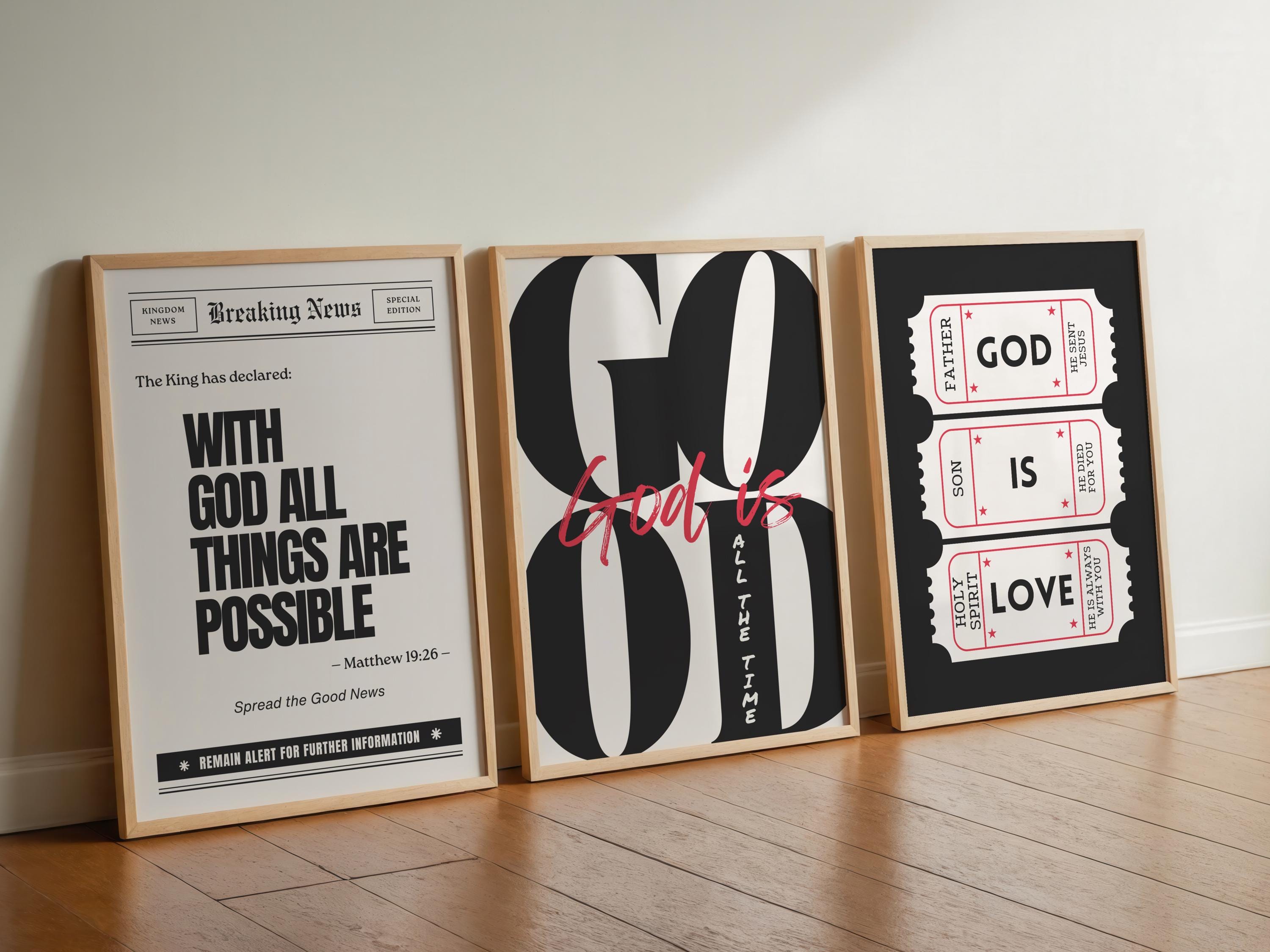 Set di 3 stampe artistiche da parete cristiane alla moda Dio è buono in ogni momento Poster di Dio è amore Con Dio tutte le cose sono possibili Stampa