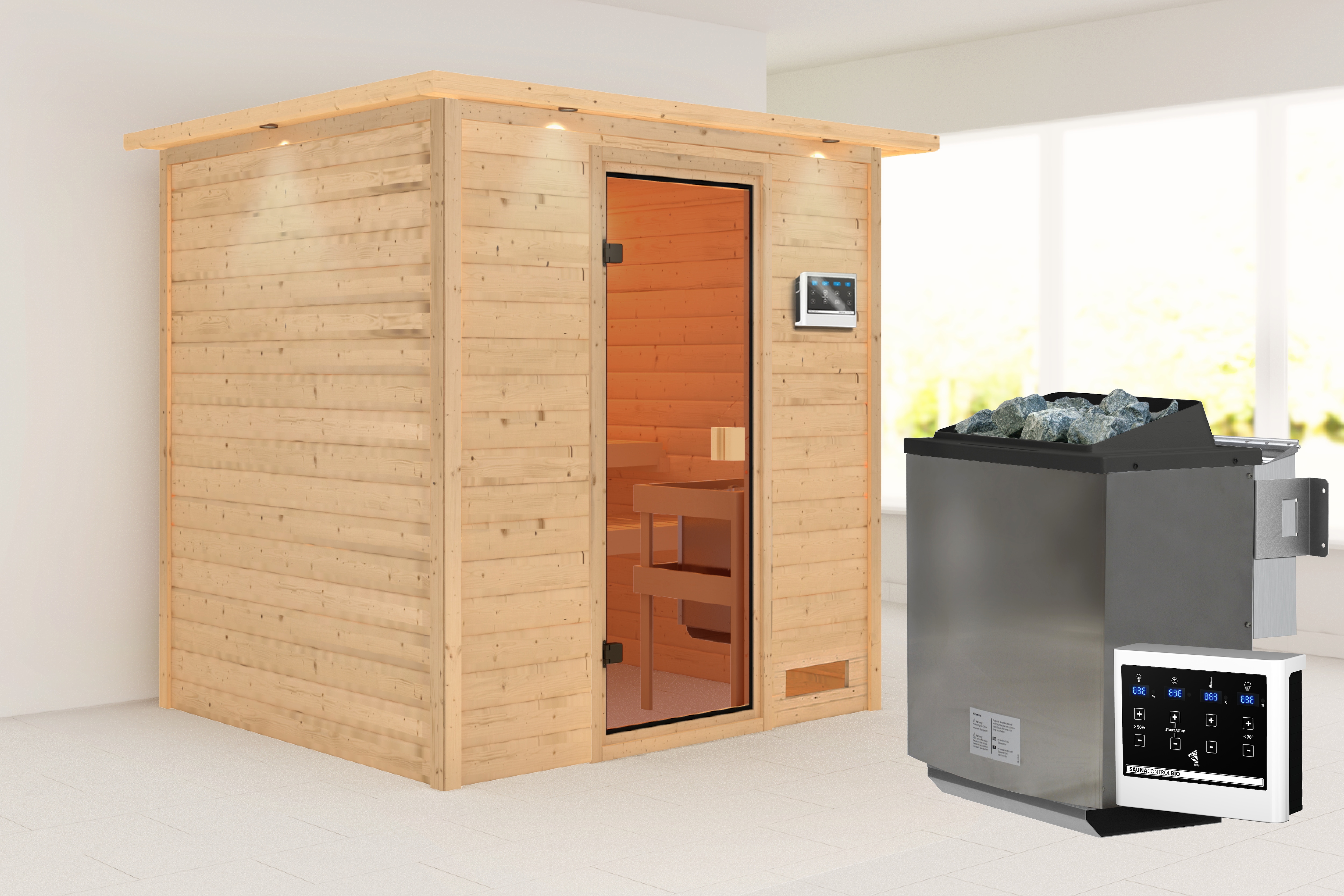 Sauna KARIBU "Ricky" mit bronzierter Tür und Kranz, naturbelassen", beige (naturbelassen), Bio-Kombiofen, externe Steuerung, 400 kW, Saunen, aus hochwertiger nordischer Fichte. 9 kW Ofen und integr. Steuerung