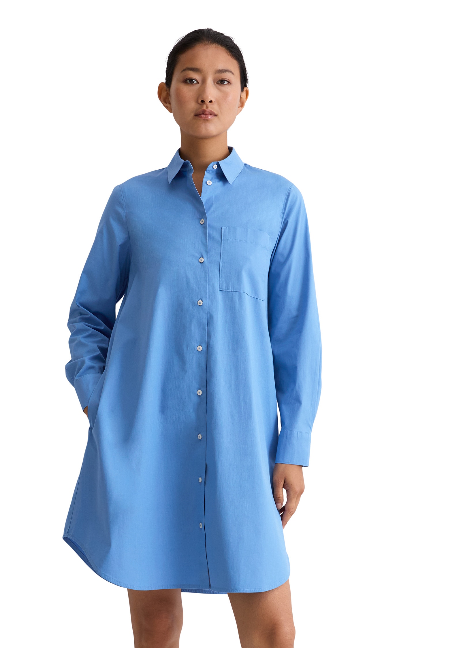 Hemdblusenkleid MARC O'POLO "aus Baumwoll-Stretch", Damen, Gr. 38, Normalgrößen, blau (cloudless blau), Obermaterial: 98% Baumwolle, 2% Elasthan; Futter: 100% Nicht verfügbar, unifarben, relaxed fit knielang, Manschette, Kleider Image
