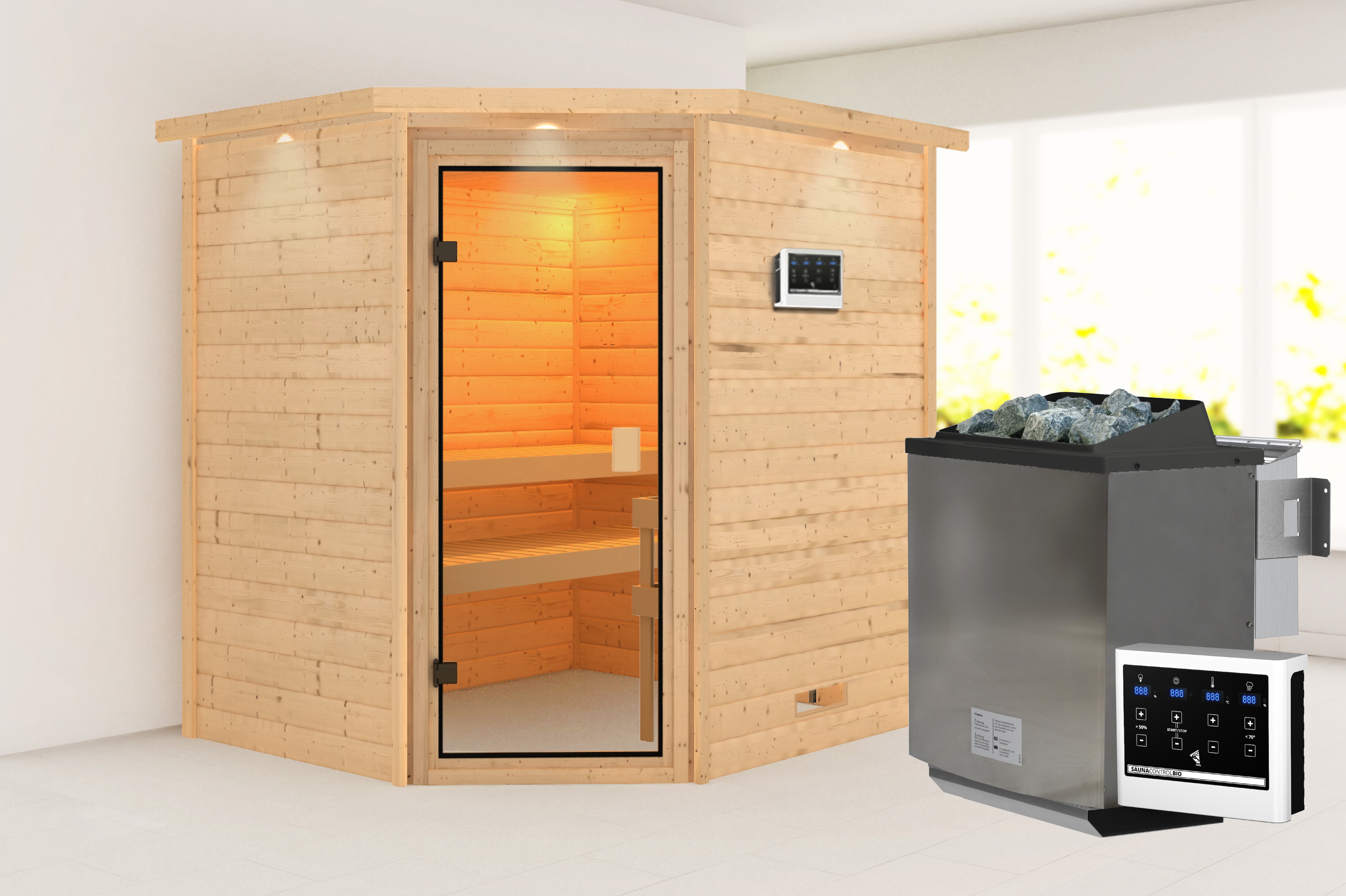 Sauna KARIBU "Trixi" mit bronzierter Tür und Kranz, naturbelassen", beige (naturbelassen), Bio-Kombiofen, externe Steuerung, 400 kW, Saunen, aus hochwertiger nordischer Fichte