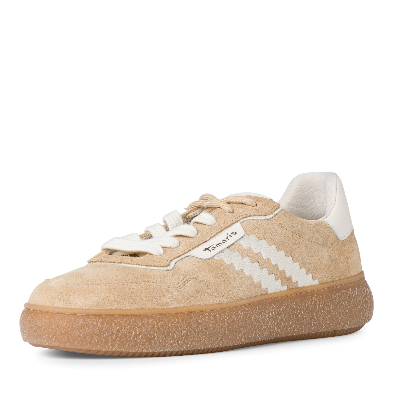 Plateausneaker TAMARIS, Damen, Gr. 37, beige (beige, kombiniert), Leder, Veloursleder, unifarben mit Farbeinsatz, Schuhe, Freizeitschuh, Halbschuh, Schnürschuh mit Kontrastbesatz